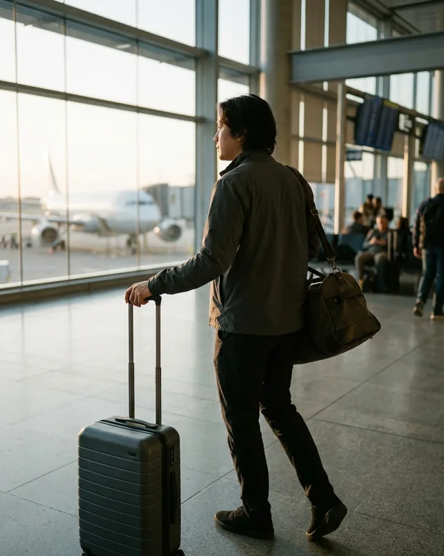 Traveller with a cabin suitcase and a shoulder bag at an airport gate, boarding a flight