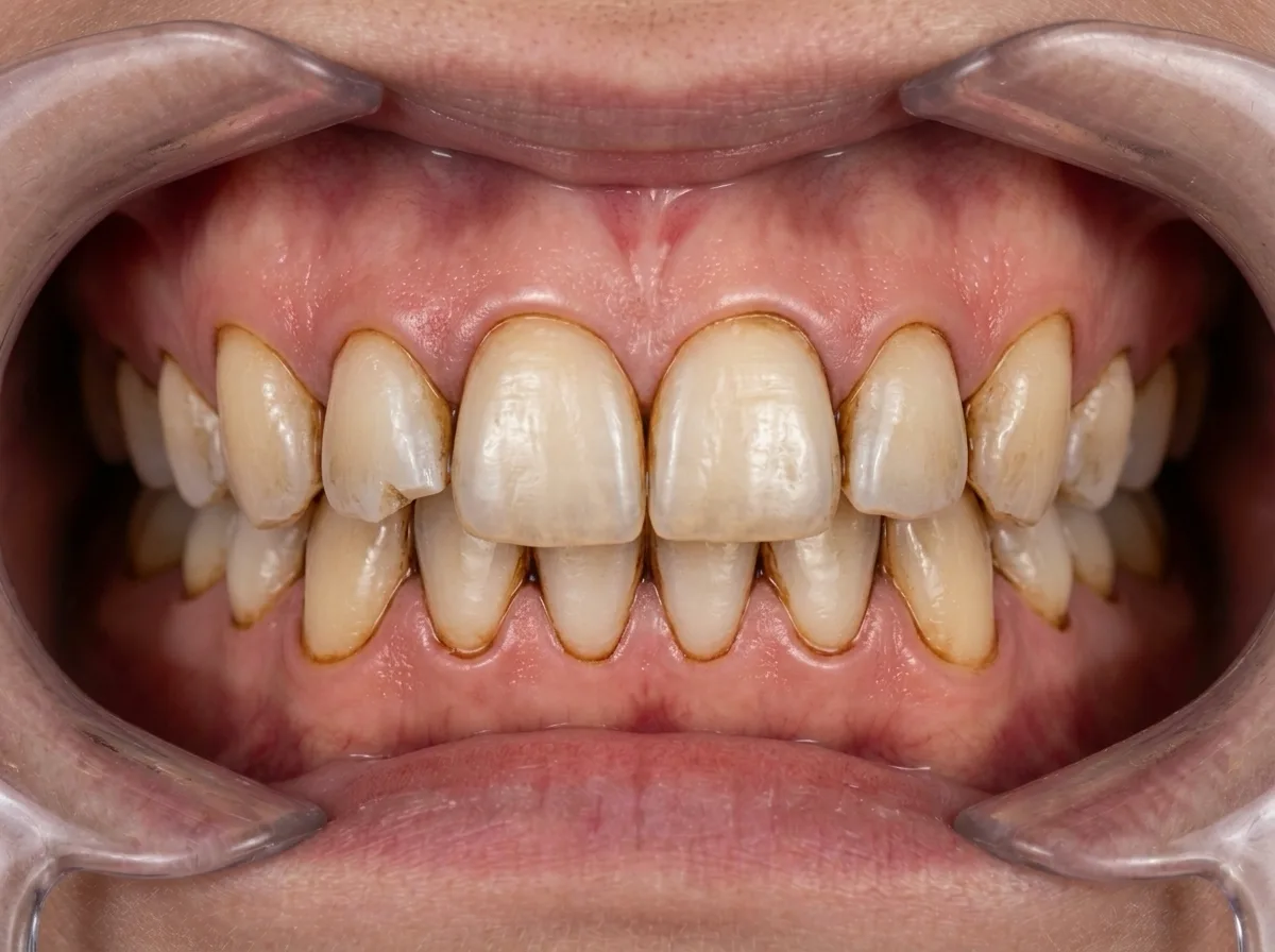Same teeth on day 15 after food, thin tea film on the enamel