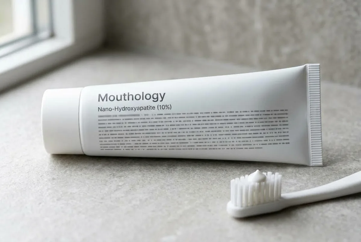 Mouthology toothpaste tube on a counter with Nano-Hydroxyapatite (10%) readable on the panel, and a brush with one pea of paste