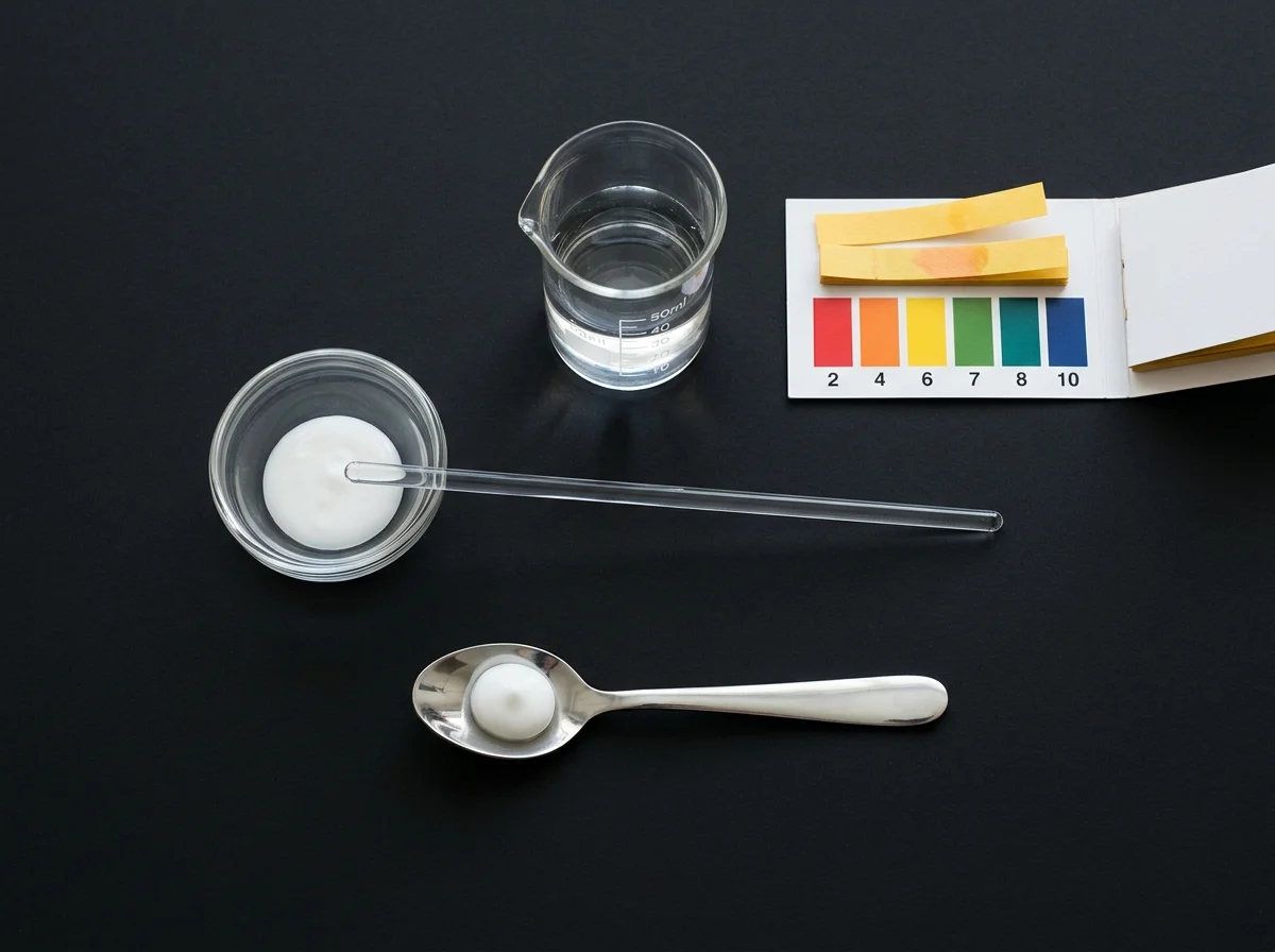 Toothpaste pH test dilution setup with glass beaker, mixing dish, stirring rod, and indicator paper booklet