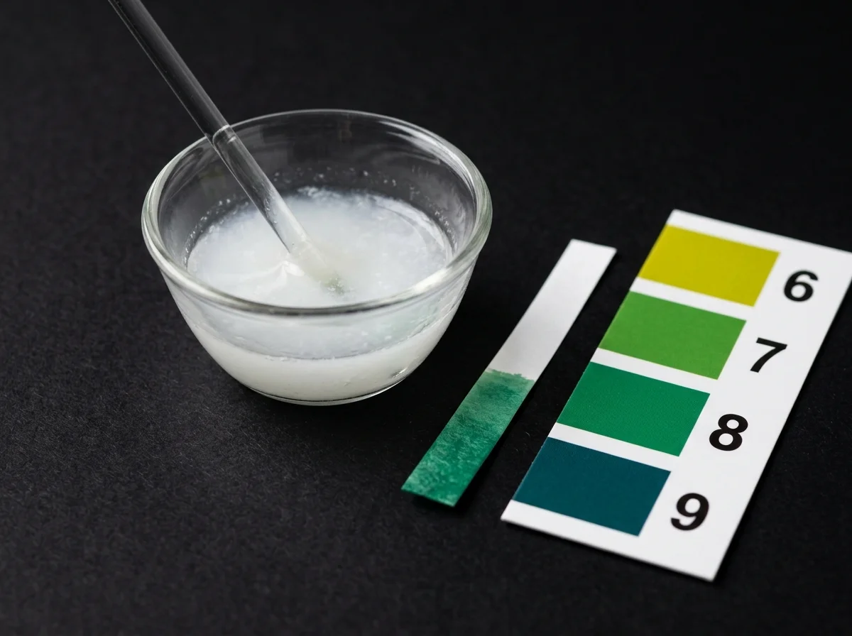Toothpaste pH test result reading showing indicator strip turned green, matching the pH 8 block on the reference chart