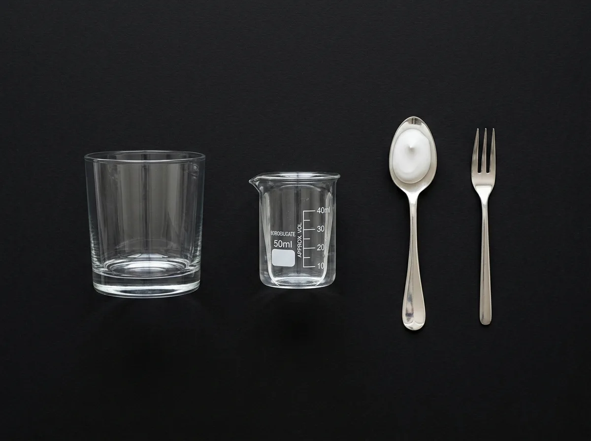 Foam test setup on black card: an empty glass tumbler, an empty 50 ml measuring beaker, a spoon holding a mound of white paste, and a fork