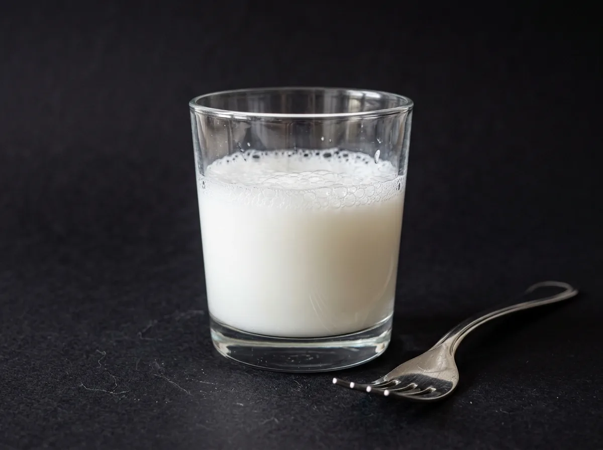 Foam test result: a glass tumbler about two-thirds full of milky white liquid under a thin band of loose bubbles, with a fork beside it