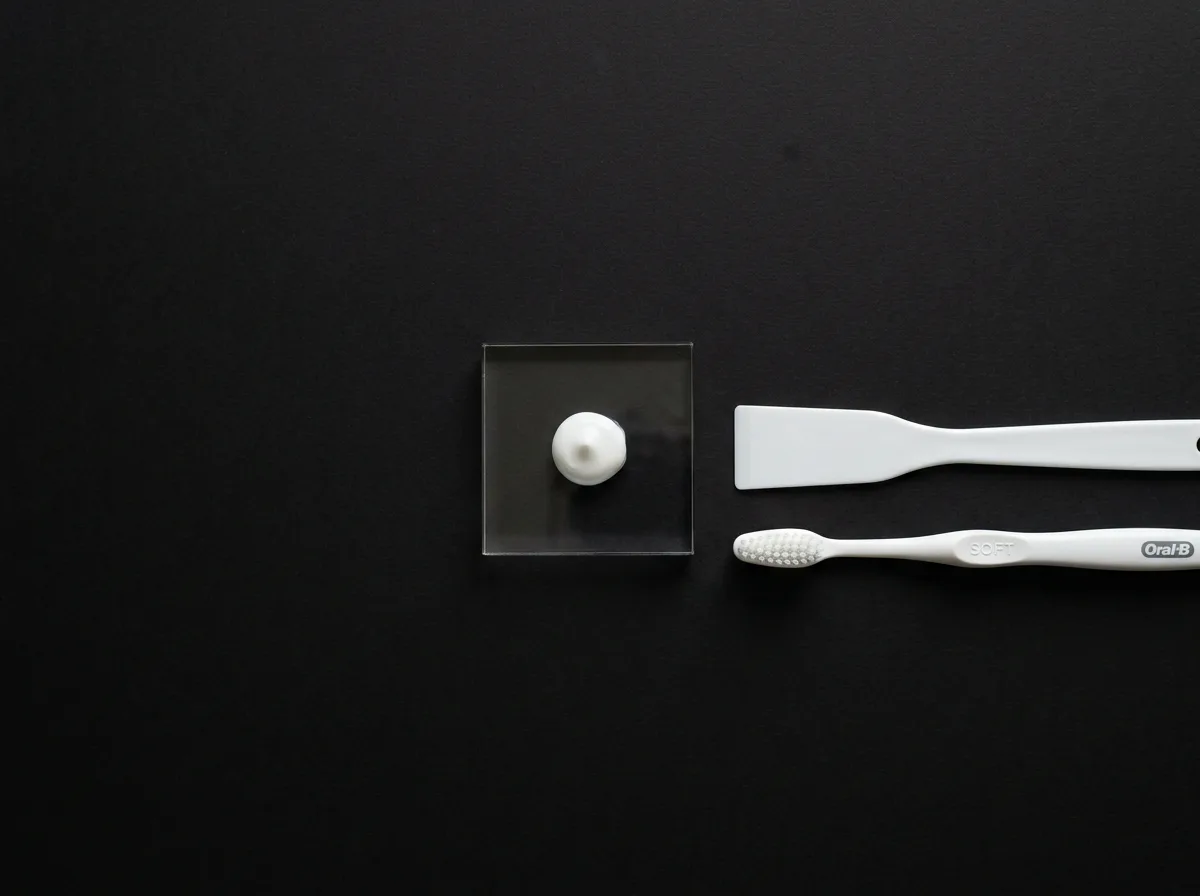 Streak test setup on black paper: a peaked pea of white paste on a clear acrylic square, a white plastic scraper, and a soft white toothbrush