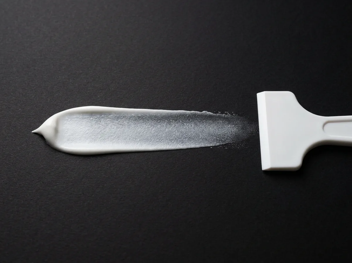 Streak test result: one continuous white streak on black paper, thick and creamy at the left tip and thinning to a dry, flecked film by the white scraper on the right