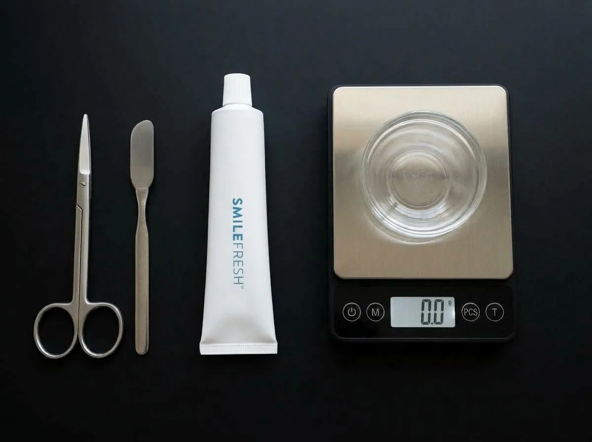 Tube yield setup on black card: scissors, a metal spatula, a full capped white tube, and a digital scale reading 0.0 with an empty glass dish