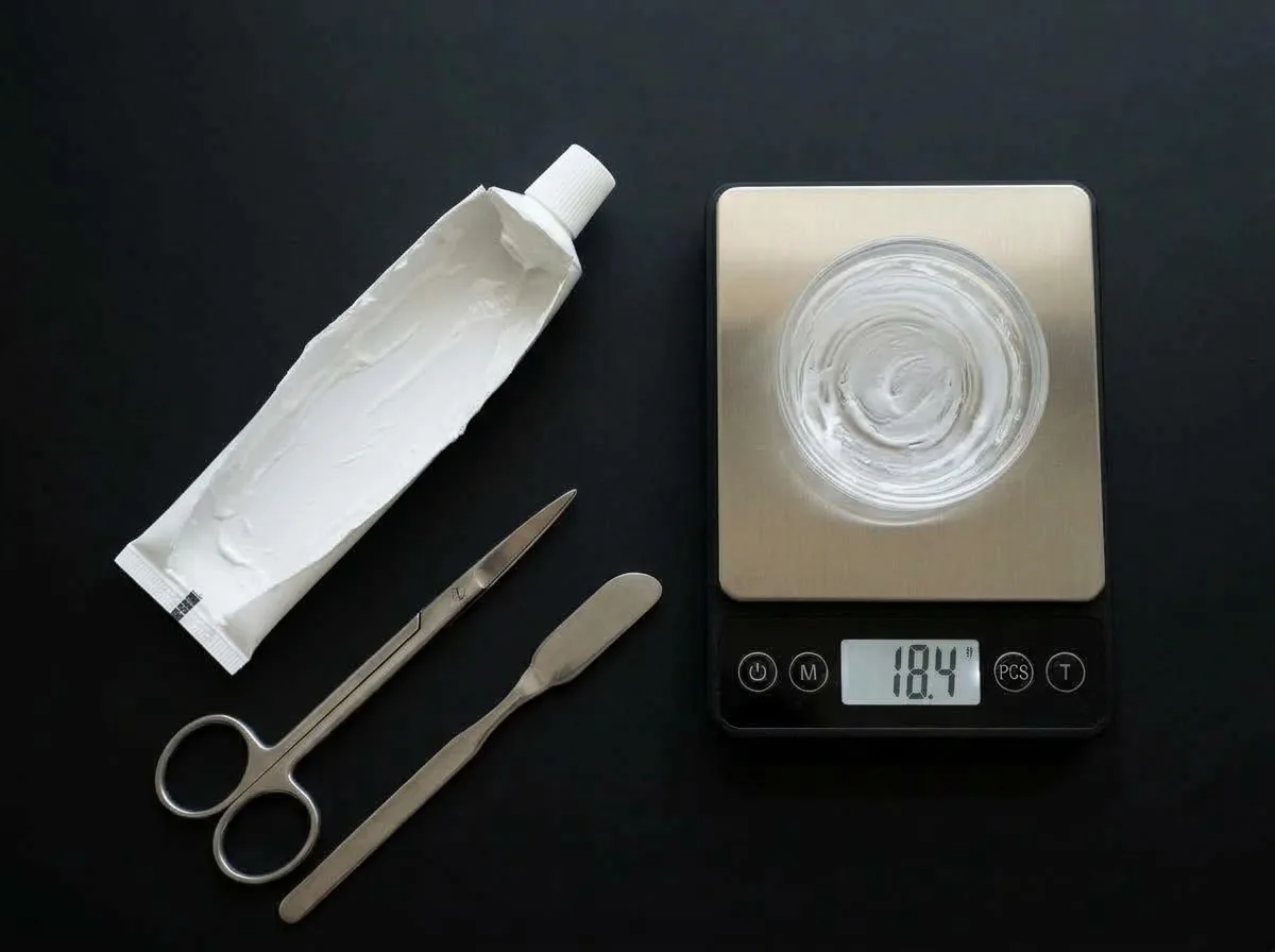 Tube yield result: a white tube cut open with paste still coating the inside, scissors and a spatula beside it, and a digital scale reading 18.4 with scraped paste in the glass dish
